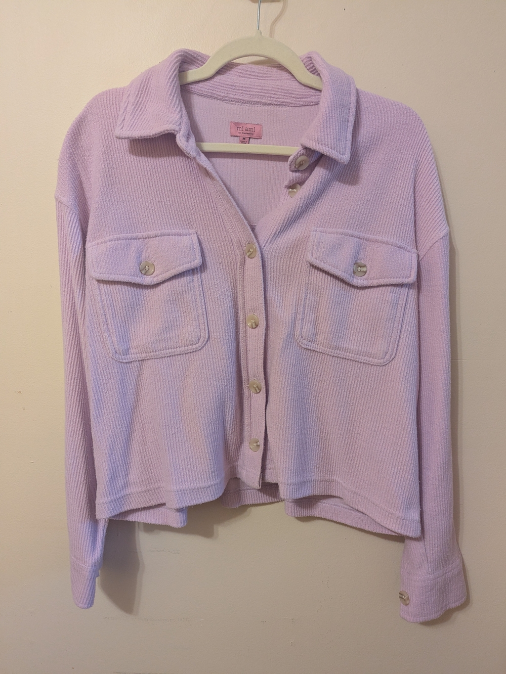 Lilac Ribbed Button-Down Shacket with Chest Pockets